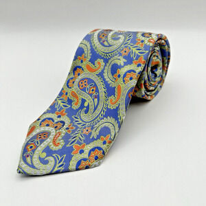 Altea Milano Men's Tie 100% Silk Necktie Blue Orange White Paisley Designer